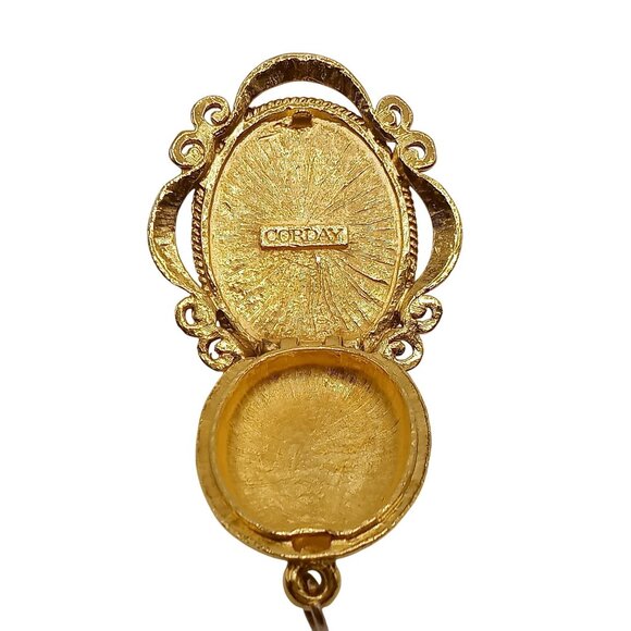 Vintage Corday Perfume Locket Gold Tone Floral Design Oval Shape Cabochon Design - Picture 3 of 6